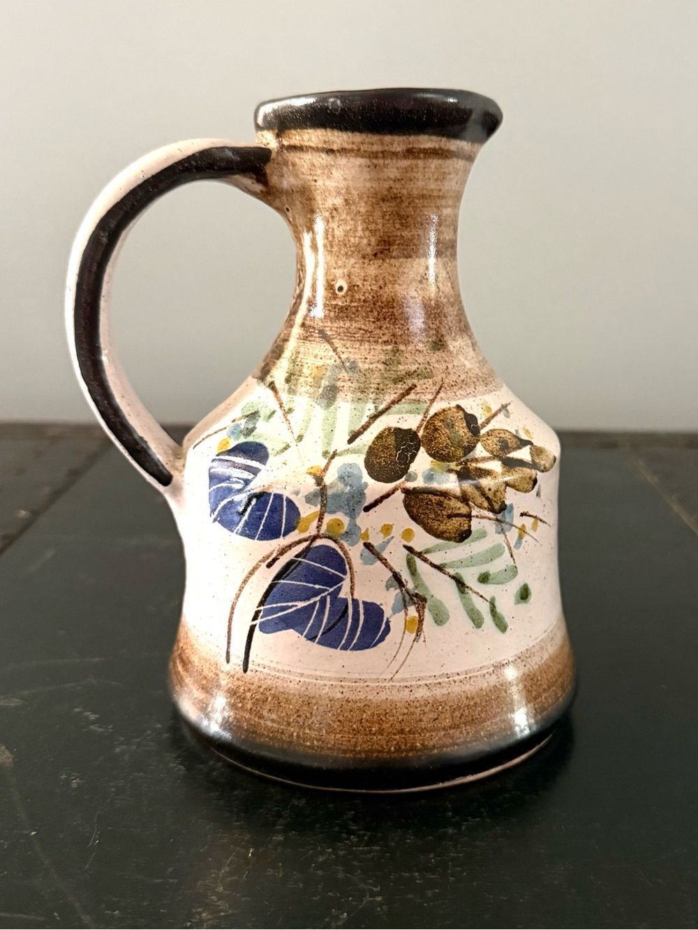 Italy Art Pottery Pitcher Hand Painted • Enamel Design Bird/Flowers